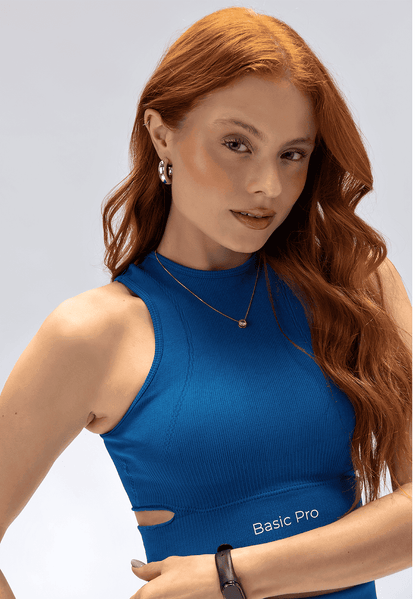 Top Poliamida Canelado com Recortes Laterais Azul