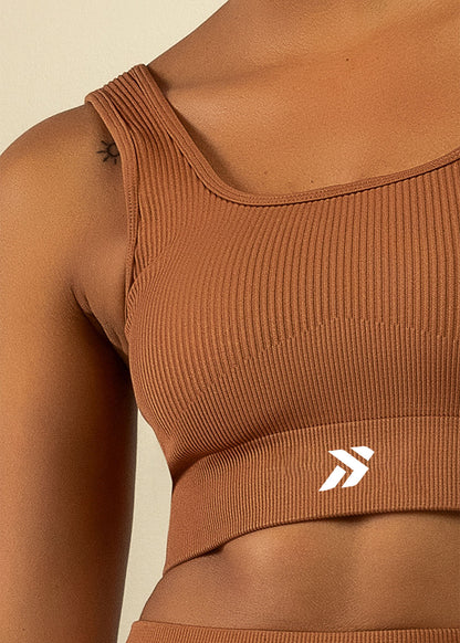 Conjunto Legging e Top Canelado Marrom Logo Símbolo