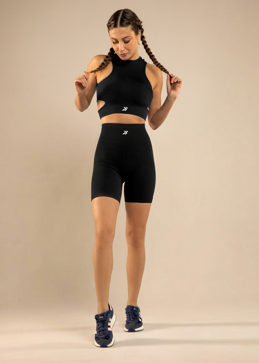 Conjunto Short Canelado e Top Canelado com Recortes Laterais Preto Símbolo
