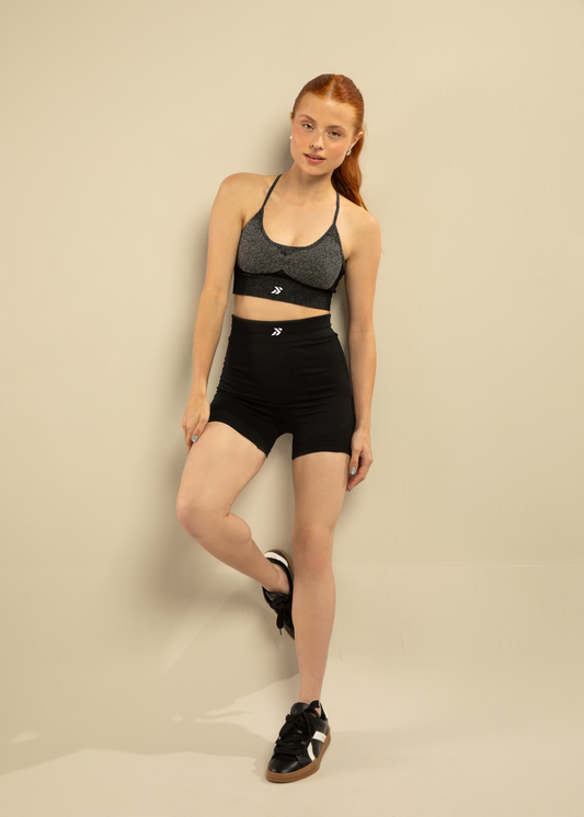 Conjunto Short Modelador e Top Alças Cruzadas Preto Símbolo
