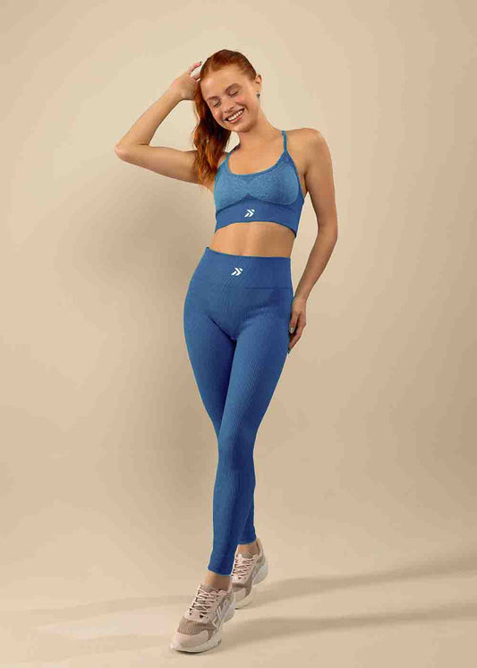 Conjunto Legging e Top Alças Cruzadas Azul Logo Símbolo