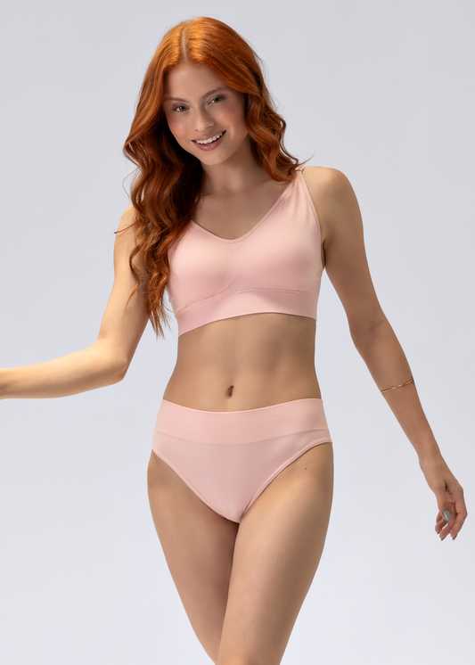 Conjunto Lingerie Top Sutiã Alça Fina e Calcinha Tanga Com Costura Rosa