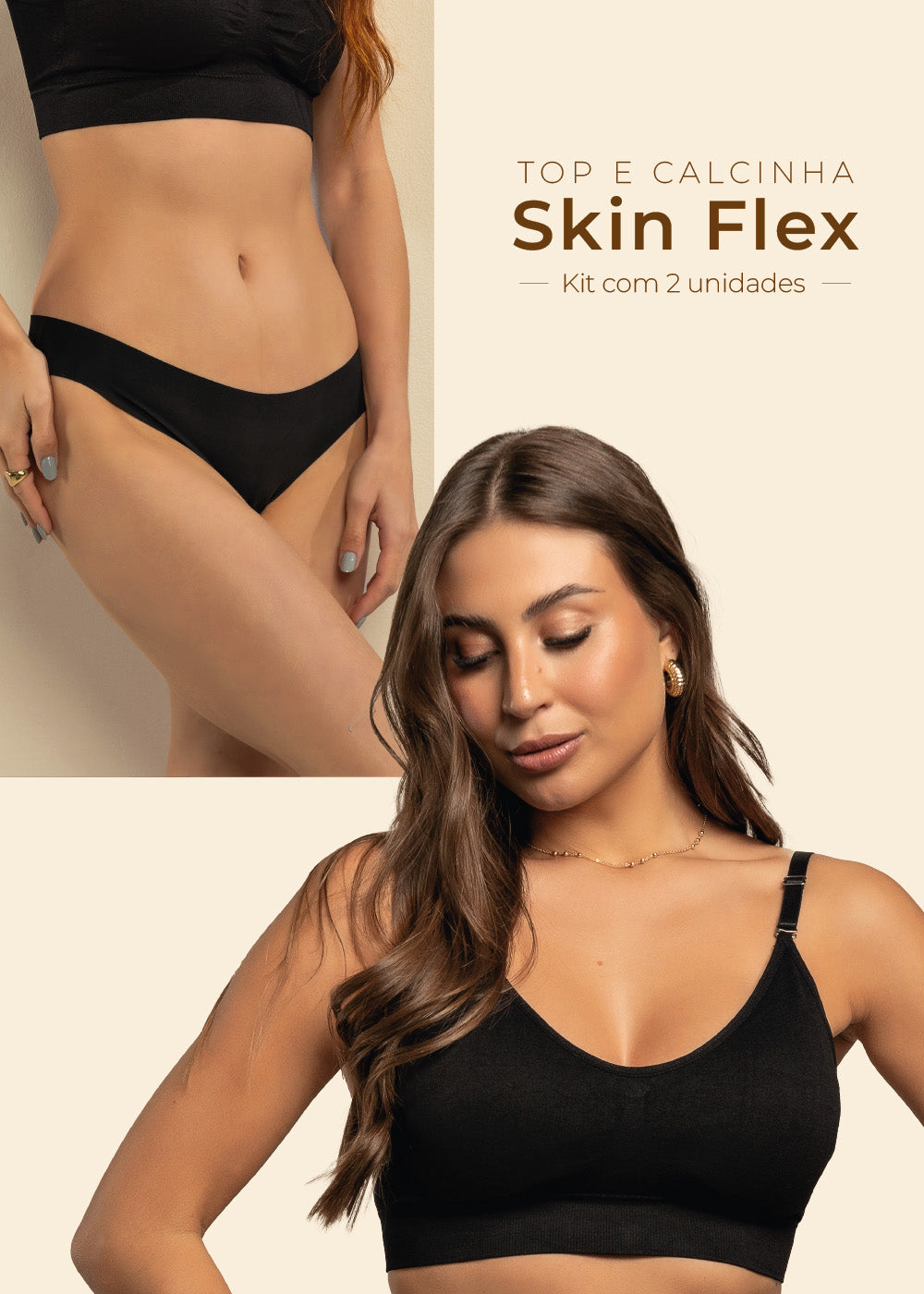 Kit Top Sutiã Alça Fina e Calcinha Fio Sem Costura