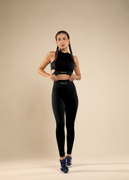 Conjunto Legging e Top Canelado Recorte Lateral Preto