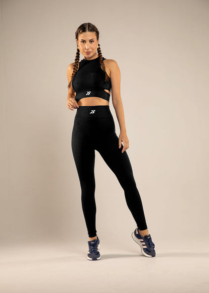 Conjunto Legging e Top Recorte Lateral Preto Logo Símbolo