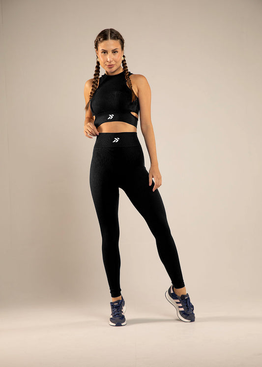 Conjunto Legging e Top Recorte Lateral Preto Logo Símbolo