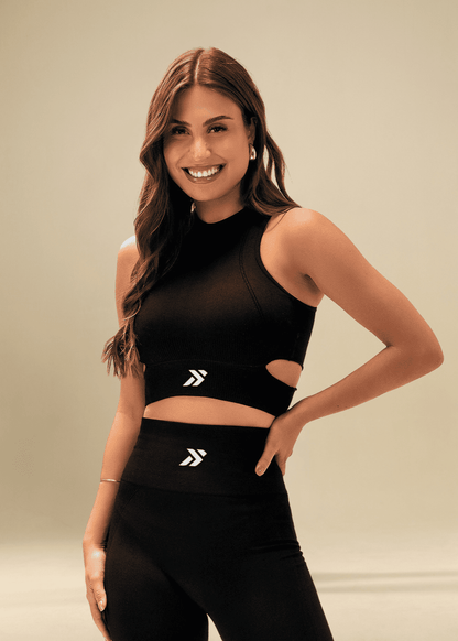 Conjunto Legging e Top Recorte Lateral Preto Logo Símbolo